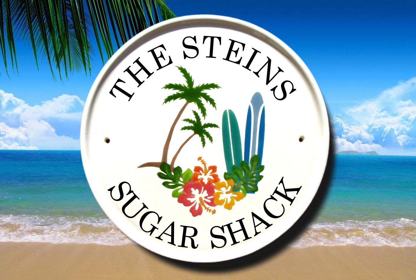 surfboards and Hibiscus Welcome Sign